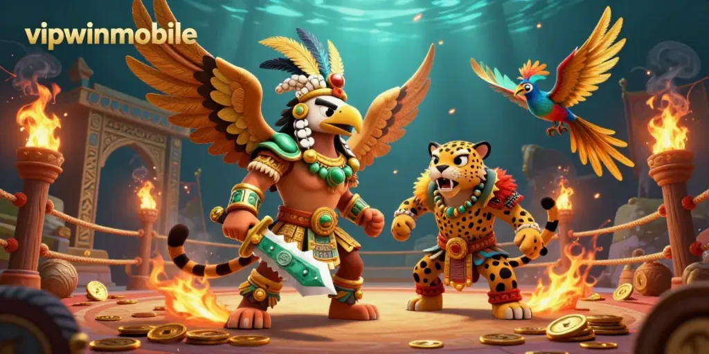 Engage with the dynamic world of vipwinmobile featuring vibrant Aztec warriors and immersive casino elements.