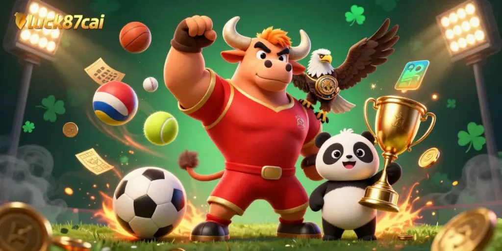 Engage with the excitement of luck87cai's online casino featuring a victorious bull mascot, trophy, and vibrant game elements.
