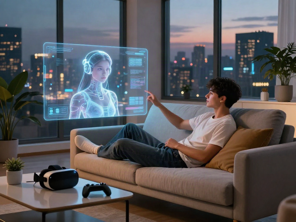 AI girlfriend interaction in a futuristic living space with holographic projections and modern decor