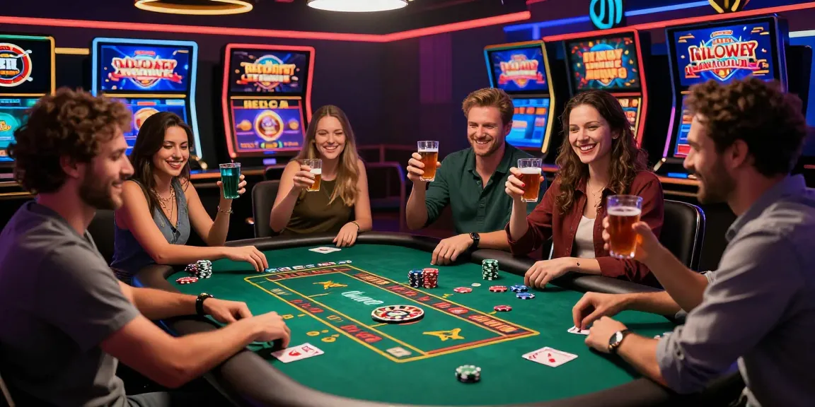 Exciting scene of players enjoying non UK licensed casinos at a virtual gaming table, celebrating wins with vibrant graphics.