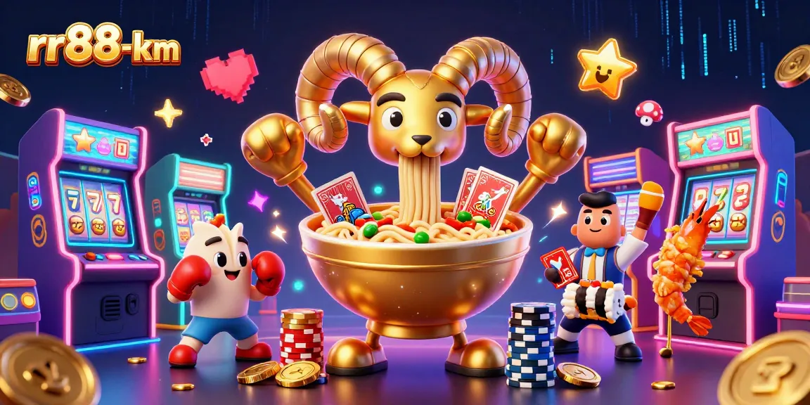 rr88-km casino scene featuring a golden ramen bowl dealer, lucky charms, and vibrant game elements.