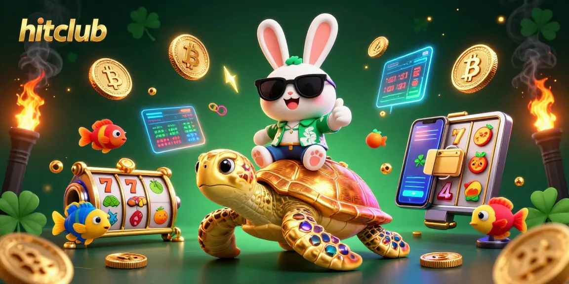 Hitclub showcases a vibrant 3D scene of a lucky rabbit and golden turtle amidst gambling elements, illustrating high-stakes excitement.