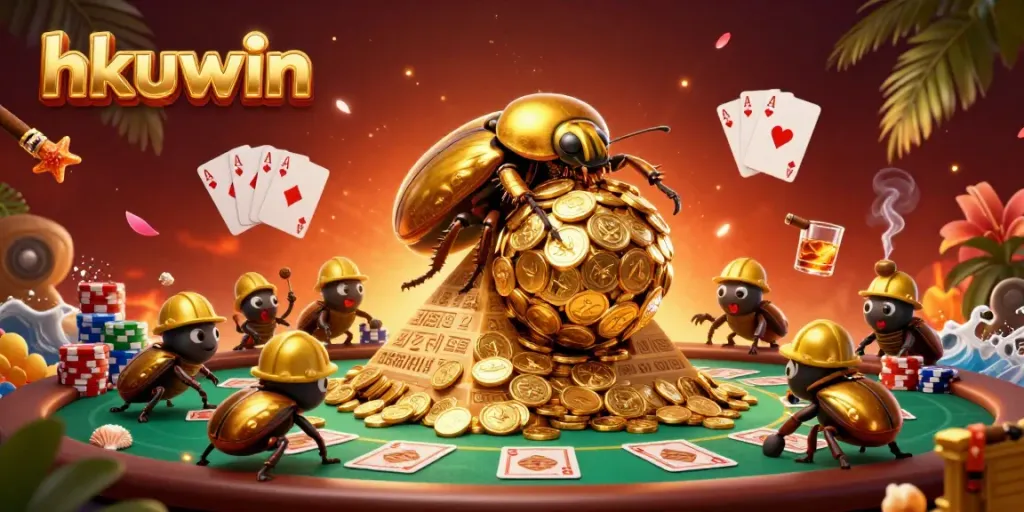 Experience hkuwin's vibrant casino gameplay with an energetic scene featuring golden beetles amid poker elements.