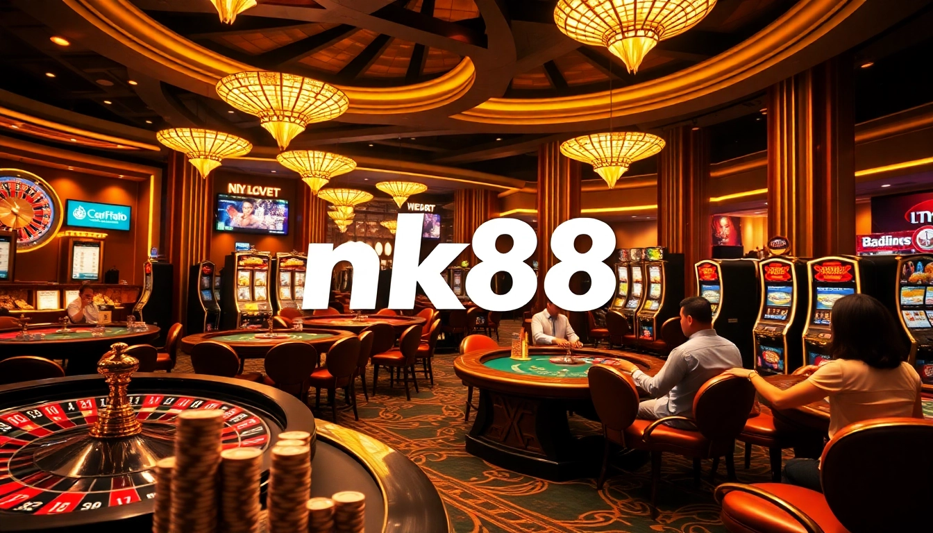 Excited players engaging with online games at nk88 casino platform, showcasing vibrant betting elements.