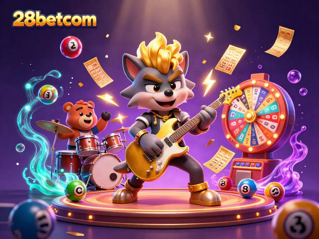 Engage players at 28betcom with vibrant casino games and lottery excitement featuring dynamic characters.