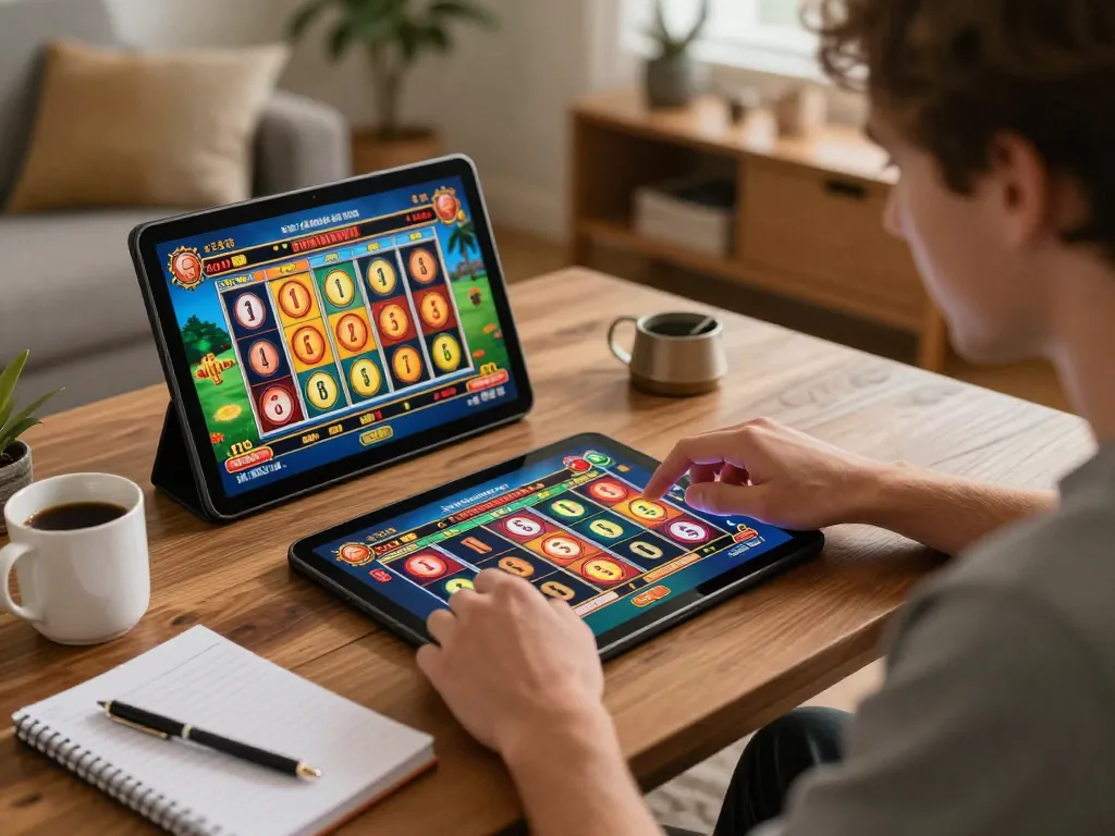 Engaged player enjoying online gaming at home with O8 Social platform on tablet