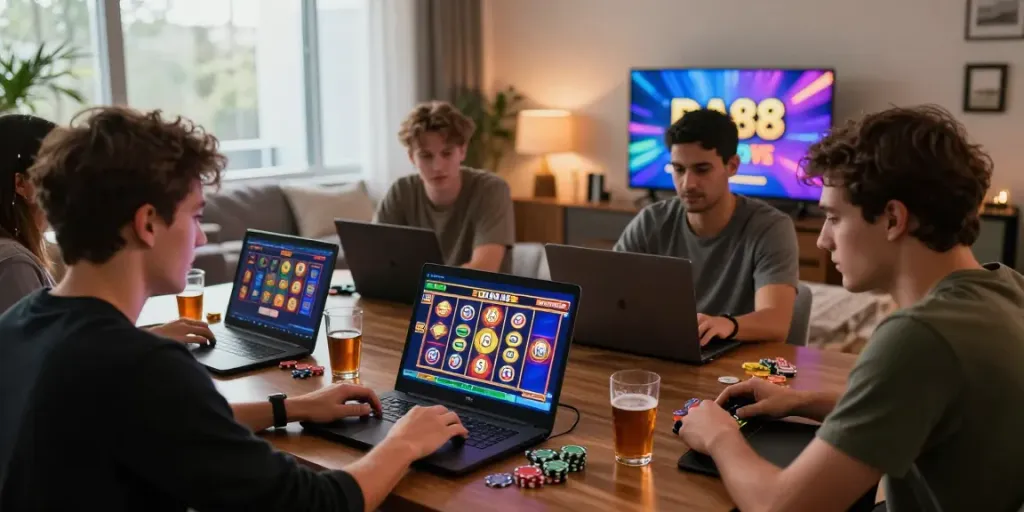 Friends enjoying DA88 online slots in a cozy living room setting.