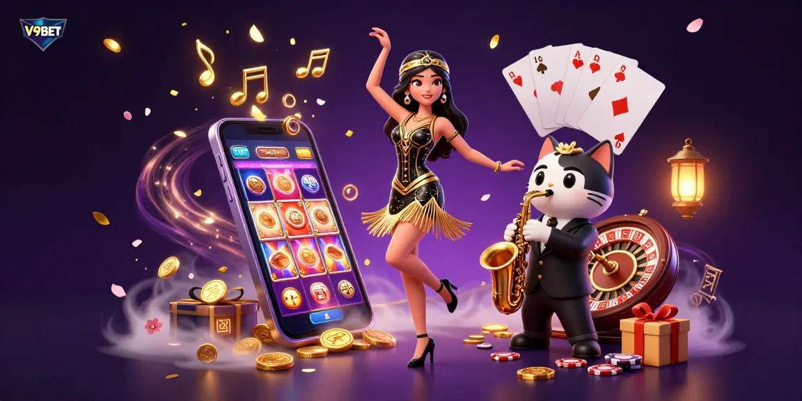 Experience the thrill of V9BET as a dancing flapper and saxophone-playing cat celebrate casino magic surrounded by vibrant game graphics.