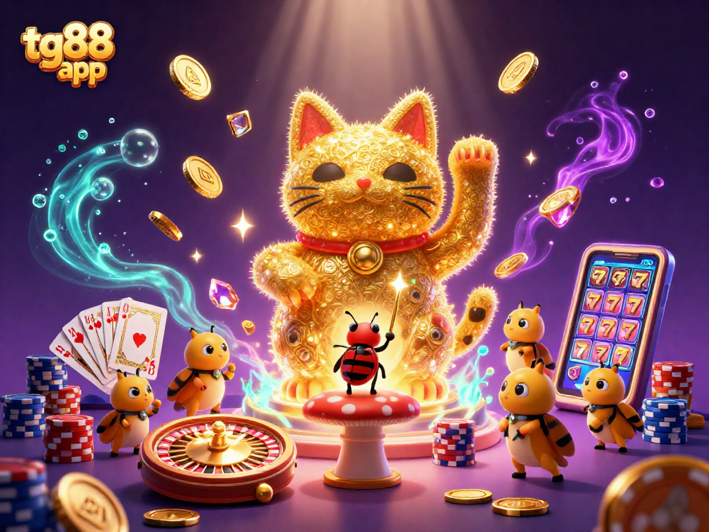 Experience winning with the tg88 app, featuring a dynamic lucky cat and casino symbols in 3D.