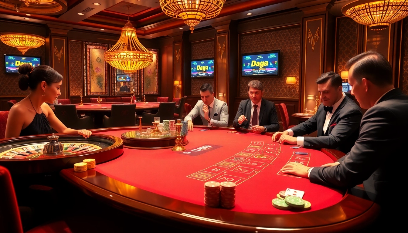 Daga players enjoying a thrilling game at a luxurious casino table surrounded by vibrant colors and elegant decor.