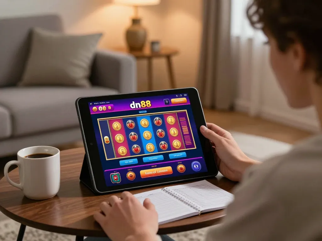Engaging in an online session at dn88 casino featuring vibrant slot graphics on a tablet
