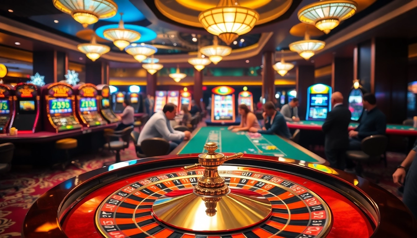Action-packed gaming scene at casino 789p featuring roulette, slot machines, and enthusiastic players.