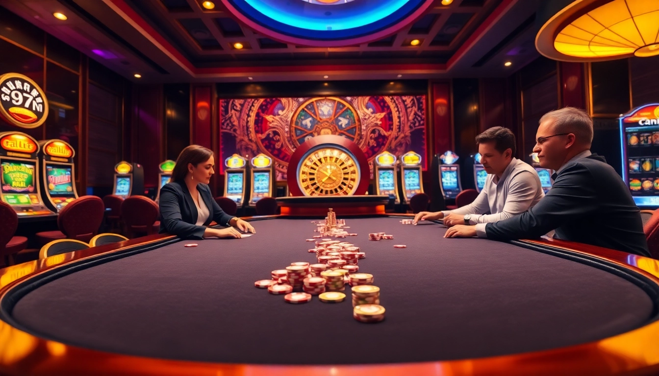 Players at a poker table enjoying an exciting game at 69vn online casino, highlighting luxury.