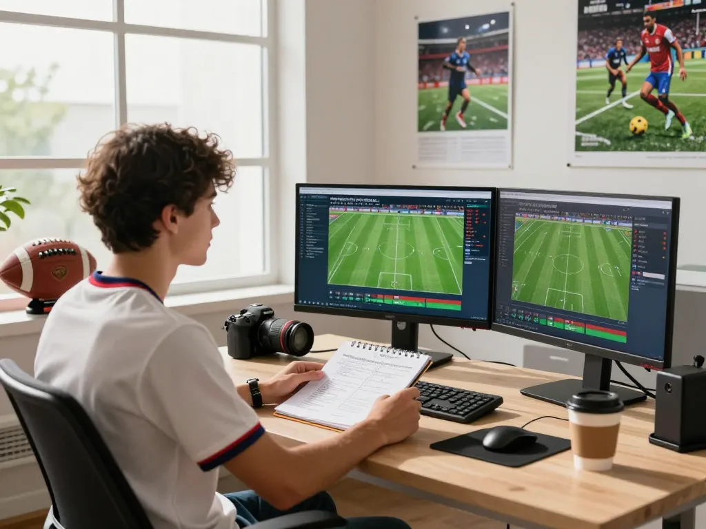 Live action football analysis on multiple screens showcasing 7m scores and stats in a vibrant workspace.