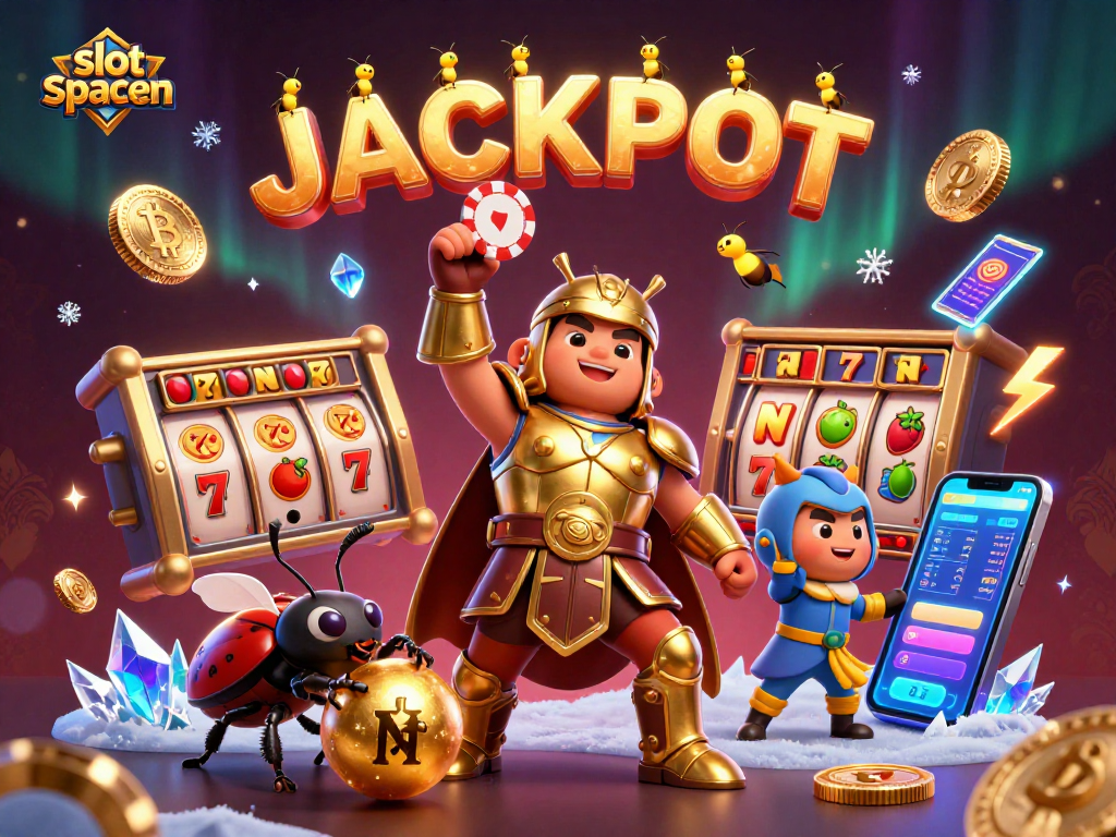 Engage with the slot spaceman as he triumphantly raises a poker chip, amidst vibrant casino elements!