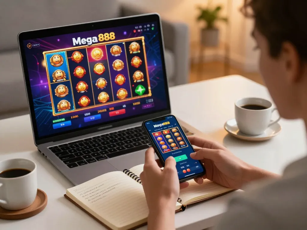 Engaging with the mega888 app, a player enjoys slot games in a cozy home setup.