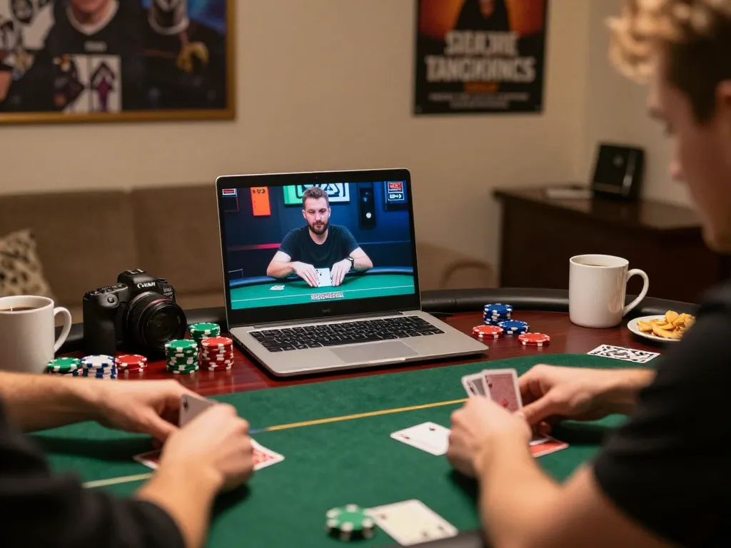Engaged player at home using five88z platform for online poker with chips and cards in focus.