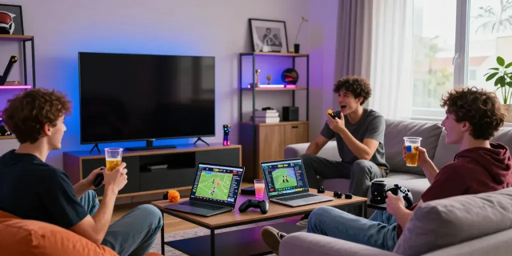 Group of friends engaging in sports betting on 11bet.com in a lively home setting.