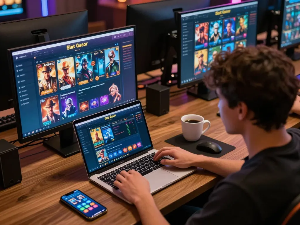 Engaging online gaming scene featuring Slot Gacor on a laptop with a player focused on strategy.
