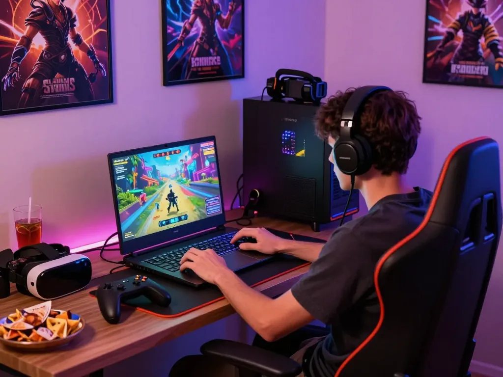 Engaged gamer playing porn games on a modern laptop in a cozy gaming room.