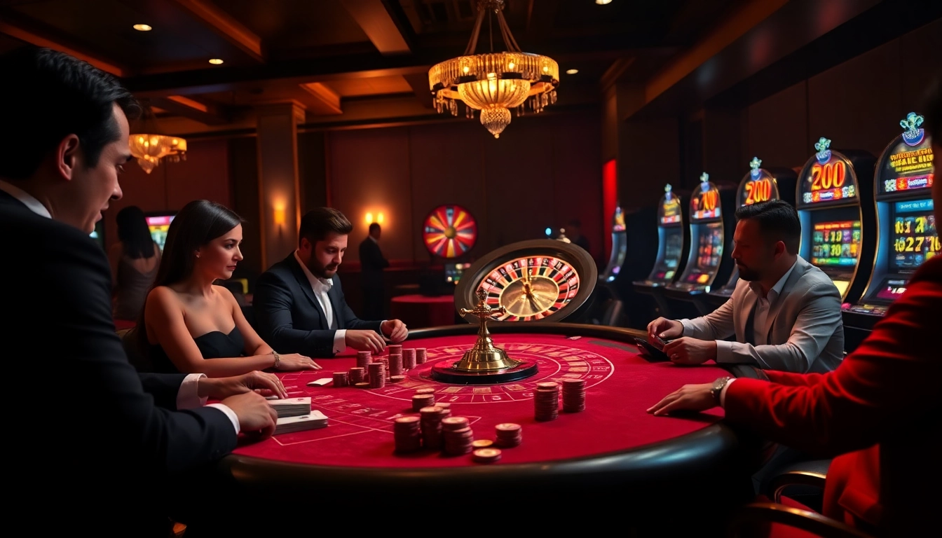 Engaged players strategizing at a RIKVIP casino table filled with chips and cards.