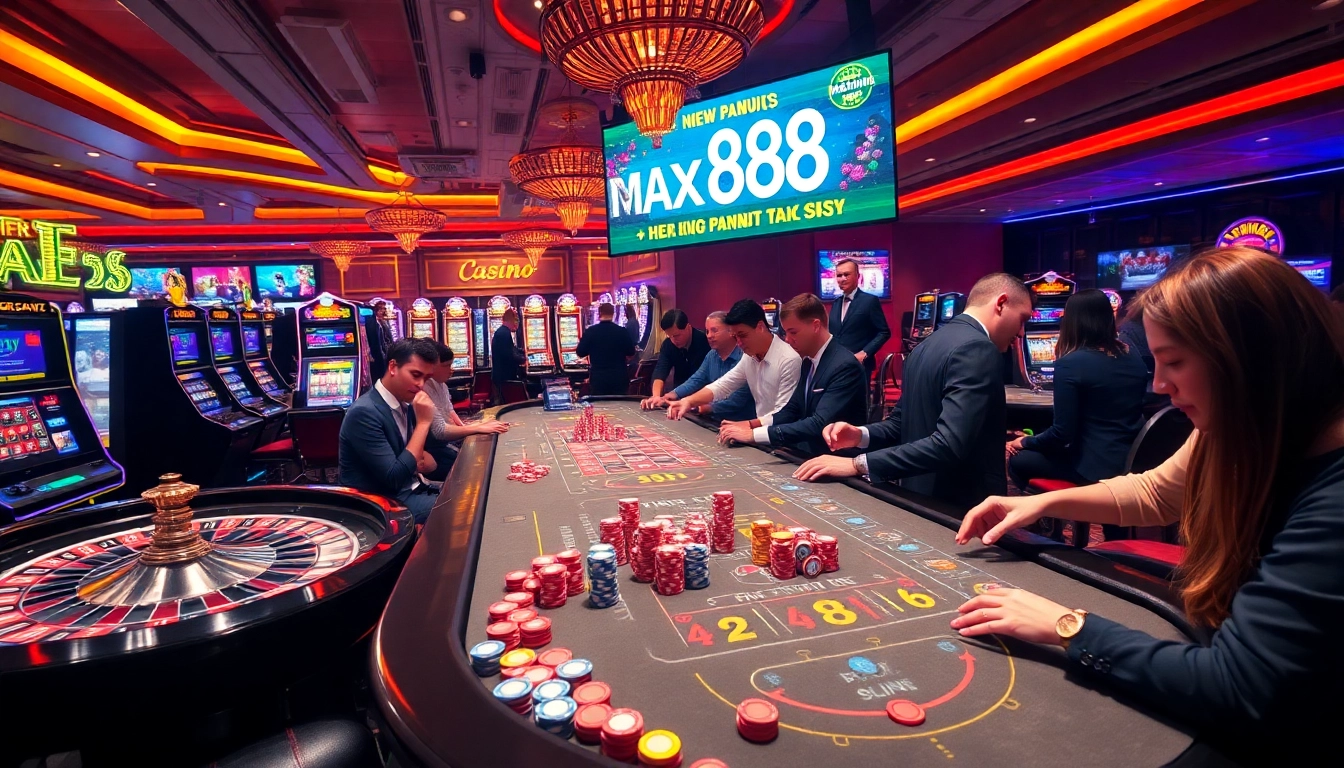 Exciting casino atmosphere showcasing dynamic gaming at max88 with vibrant tables and professional dealers.