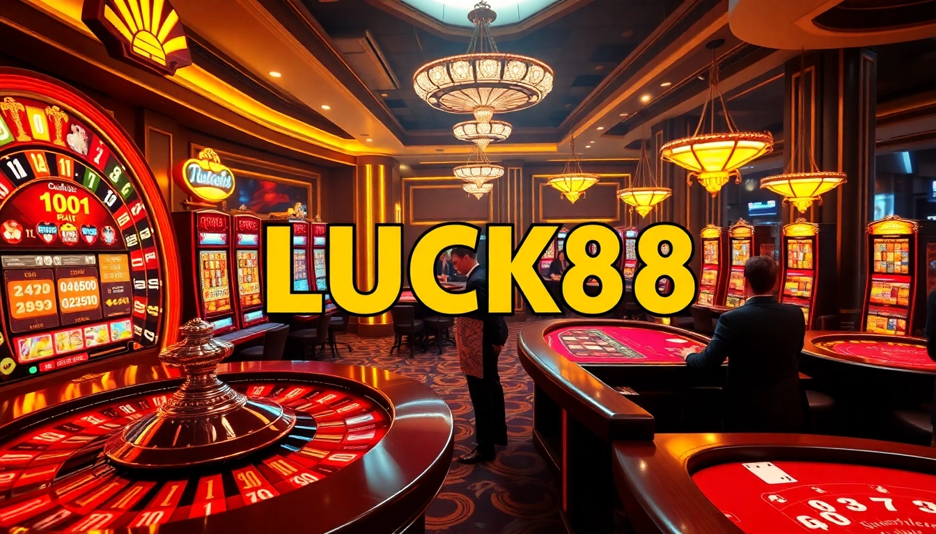 Experience the thrill of LUCK8 at a vibrant casino with roulette wheels and colorful slot machines.