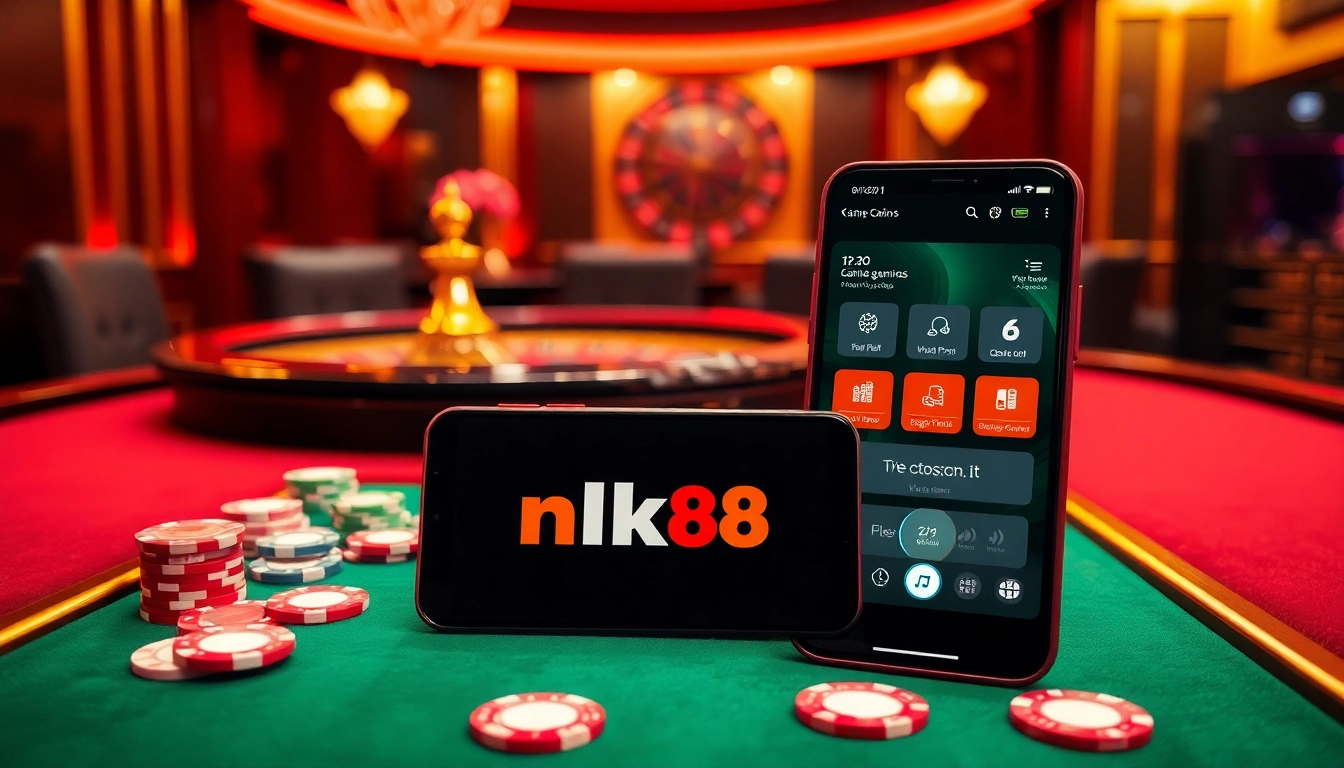 Experience the vibrant luxury of nk88 com with a stunning poker table and roulette wheel.
