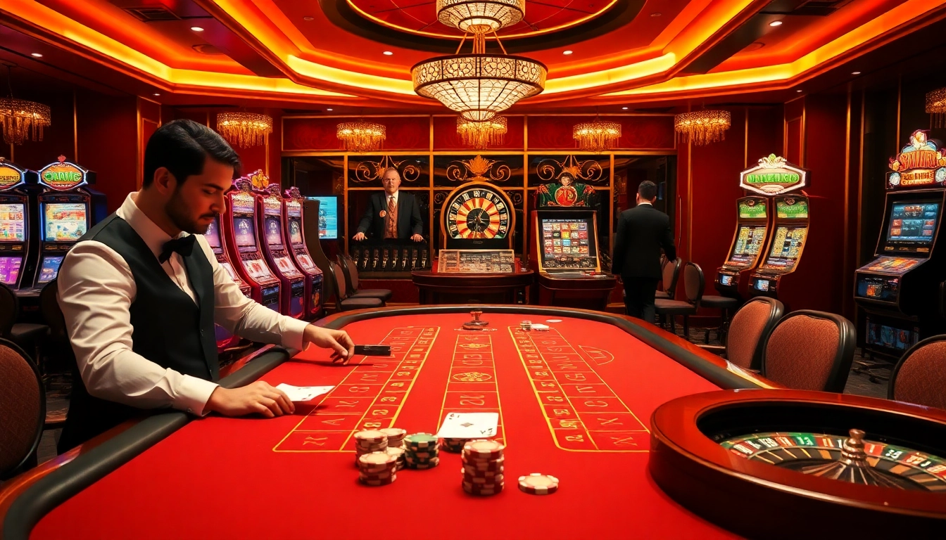 A thrilling moment at a baccarat table featuring elements from https://sv88s.pro, with elegant dealers and vibrant casino visuals.