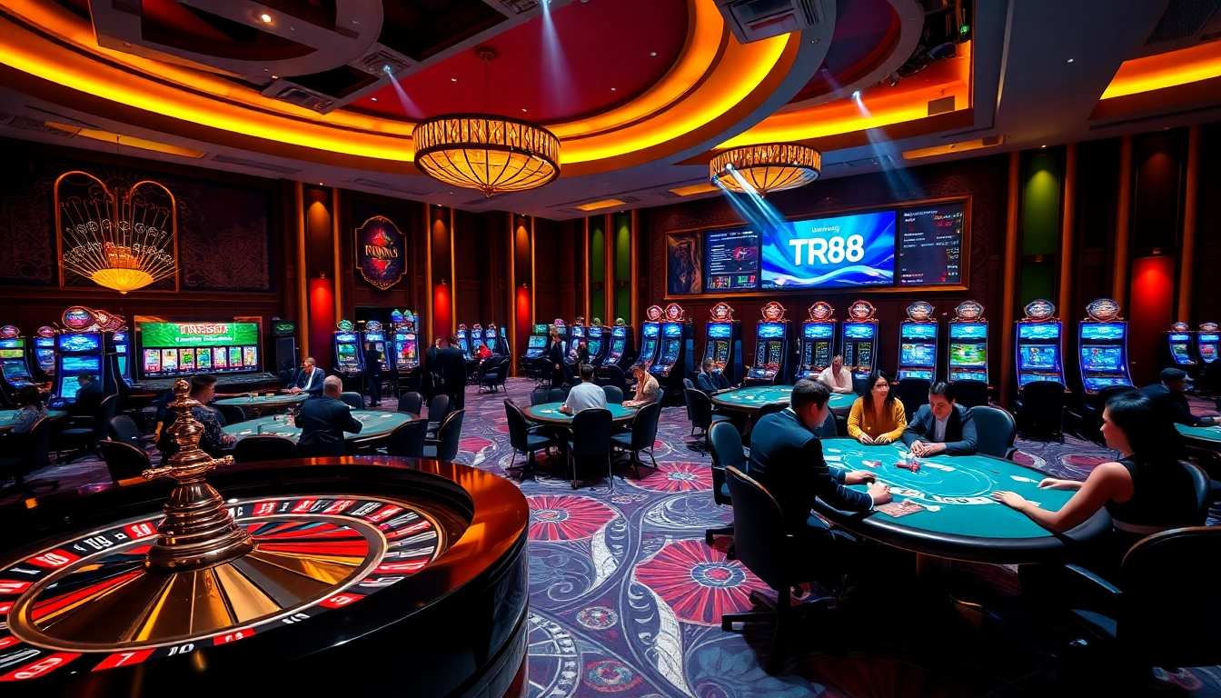 Experience the thrill of TR88 with players engaged in poker and roulette at a luxurious casino.