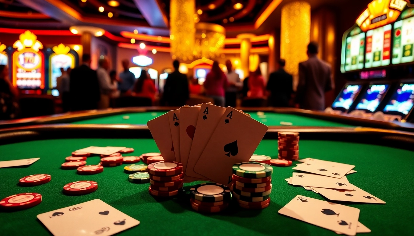 Players engaging in exciting games at 789club's vibrant casino setup with poker chips and cards.
