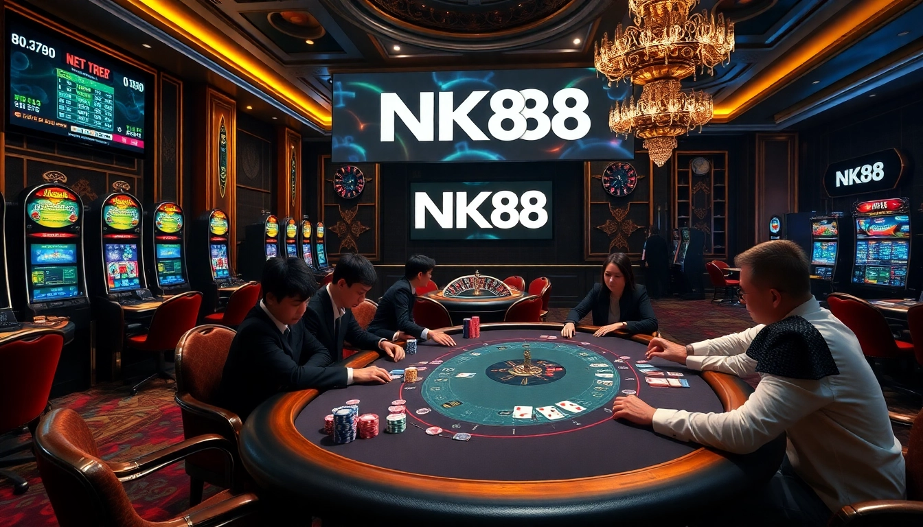 Engaged players at NK88 poker table with vibrant chips and cards in a luxury casino setting.