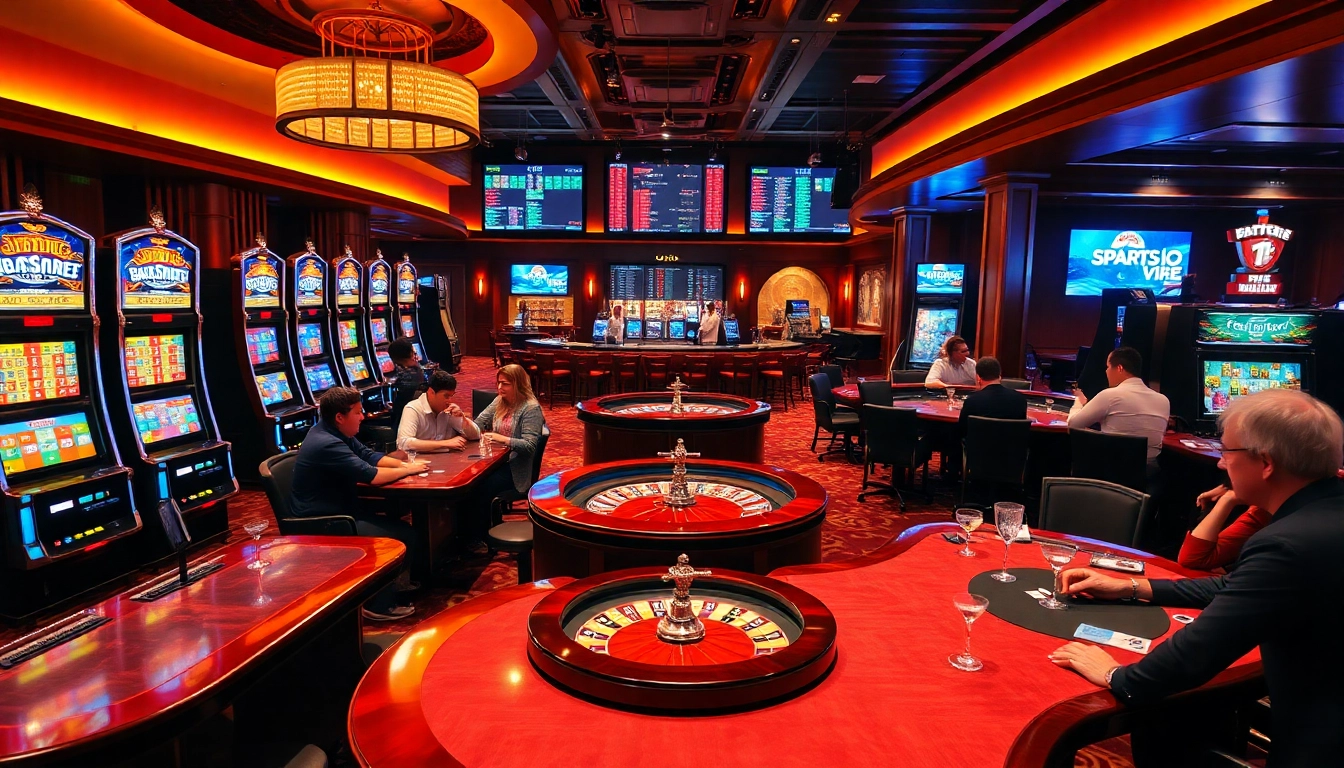 Experience gaming excitement at SODO Casino with engaging poker tables and vibrant slot machines.