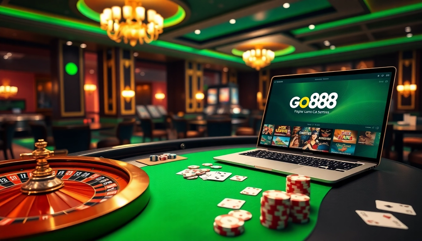Experience the luxury of gambling at nhà cái go88 with immersive online casino visuals featuring poker chips, cards, and roulette.