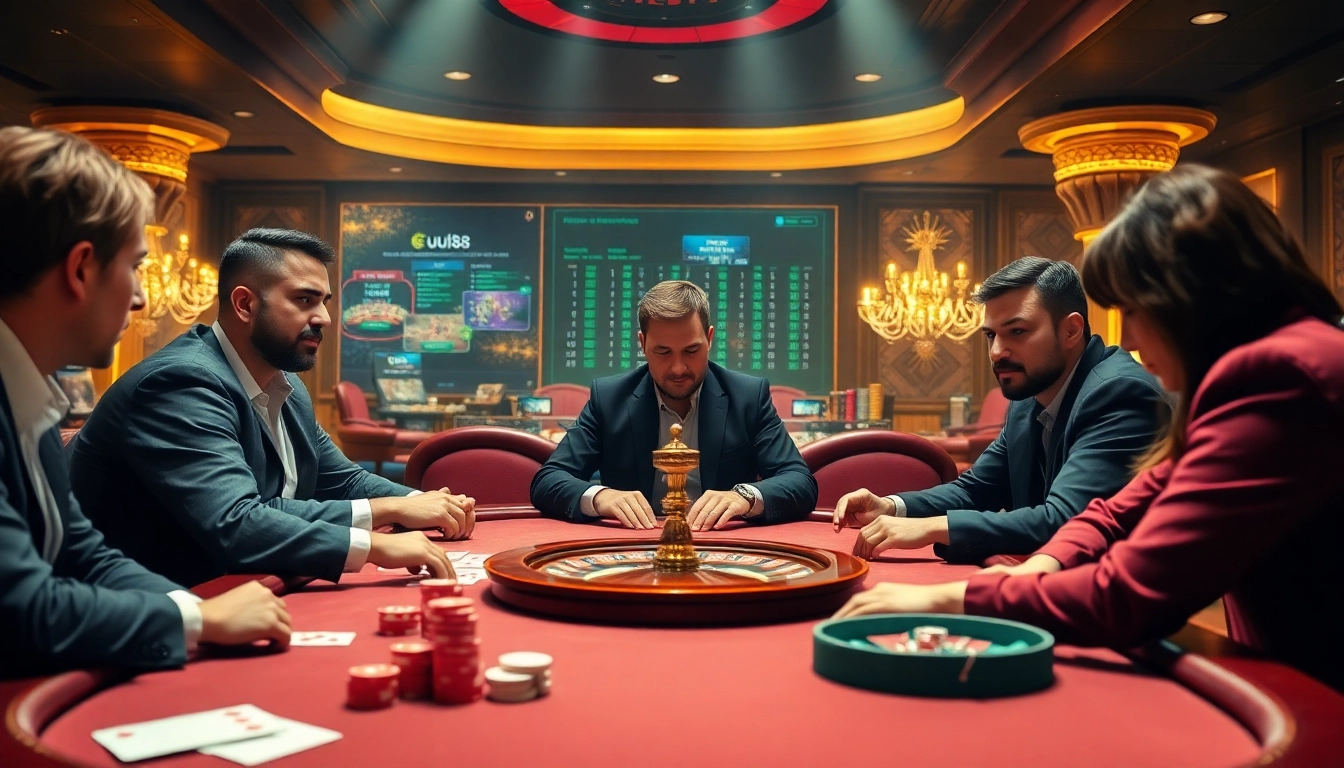 Players enjoy a high-stakes poker game at uu88 casino with luxury elements and excitement.