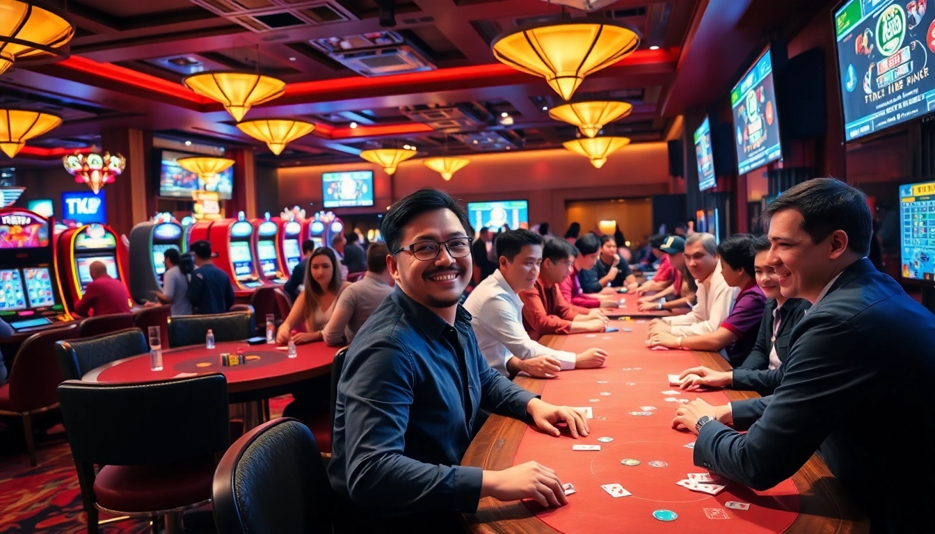 Thrilling casino scene at tk88win.live with diverse players enjoying poker and slot machines.