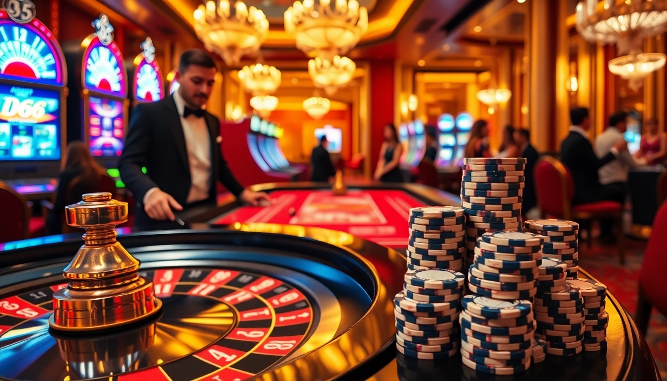 Players winning big at the MB66 casino with vibrant poker chips and roulette tables.