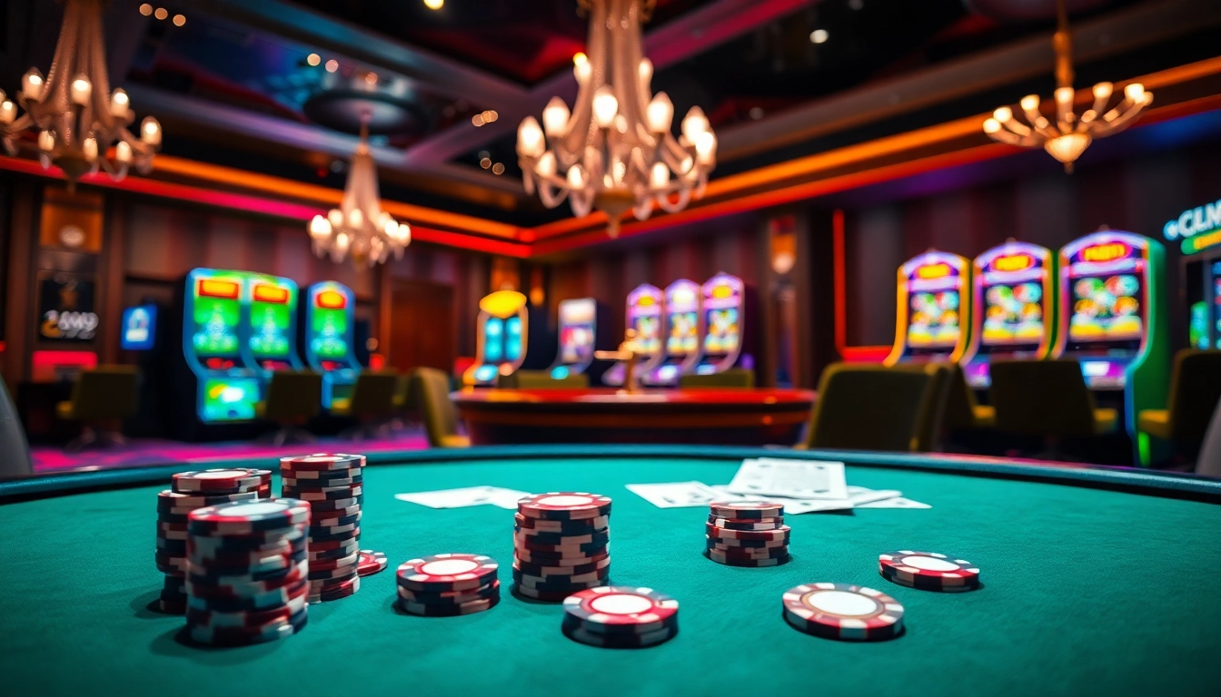 Engaging scene of casino action featuring 888now poker chips and vibrant slot machines.