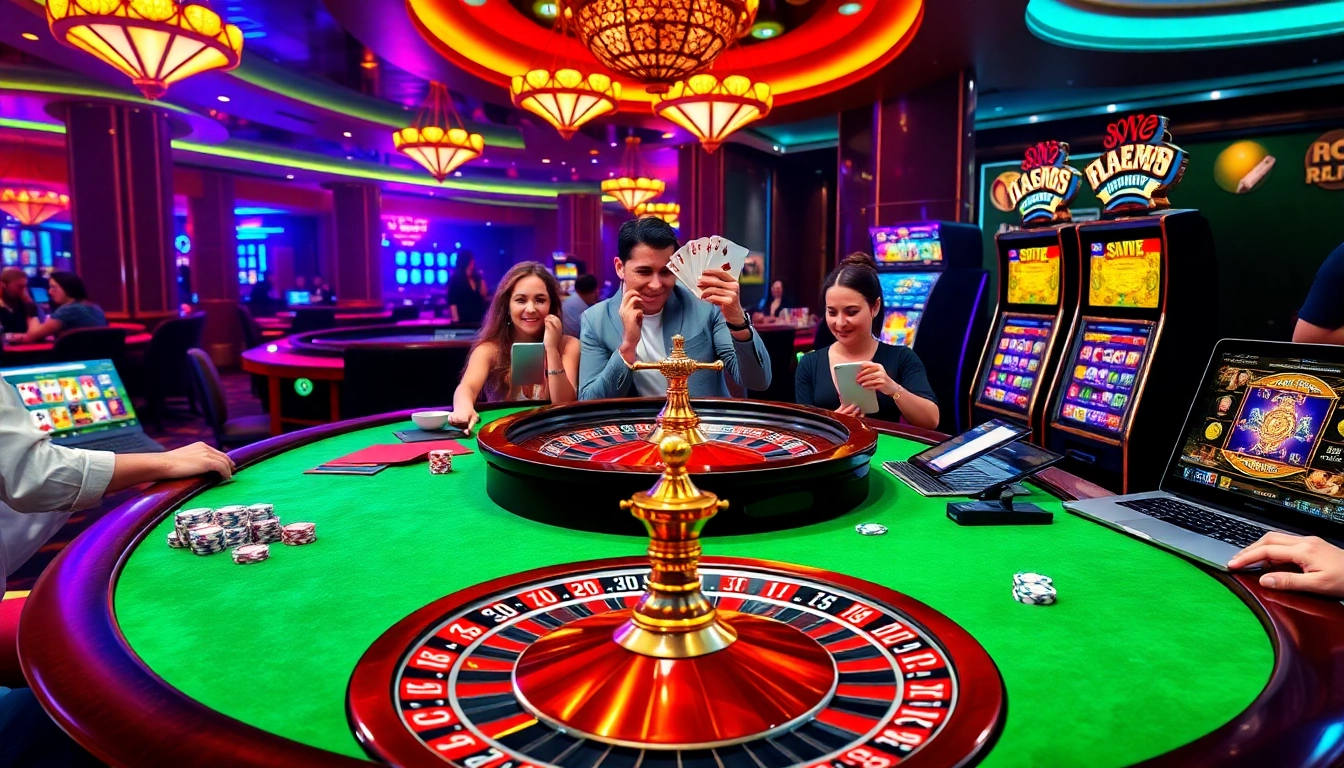 Casino excitement with j88 theme: players at roulette and slot machines celebrating wins.
