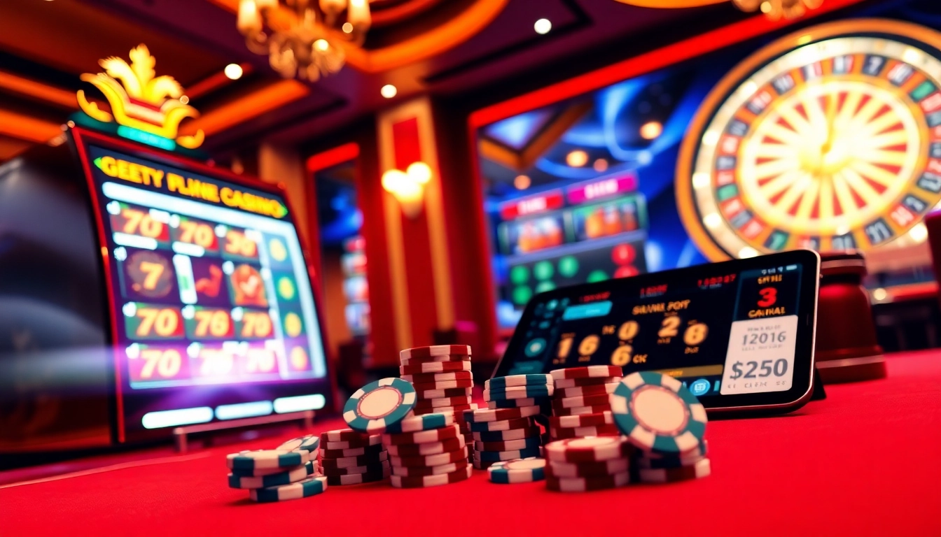 Experience exciting online gaming with GG 88 at a luxurious casino setting featuring vibrant slot machines and poker chips.