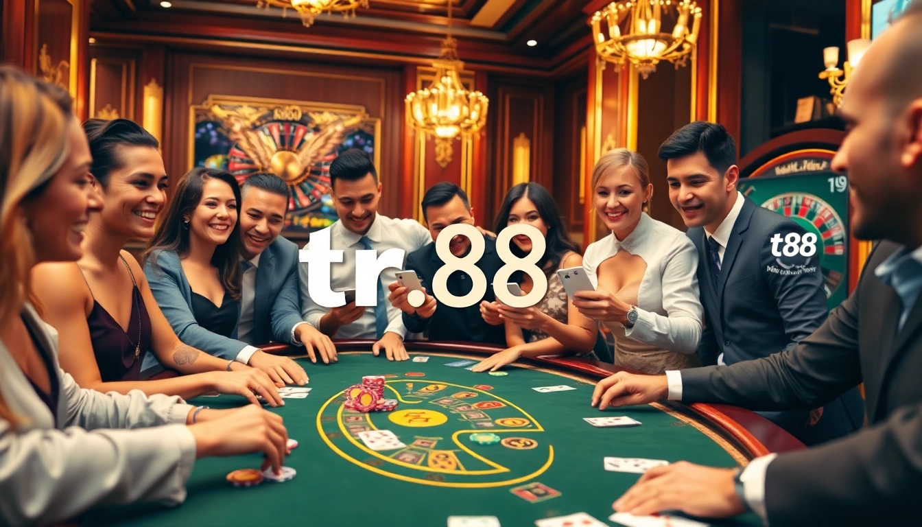 Gambling excitement at tr88 casino with players enjoying blackjack and vibrant poker chips.