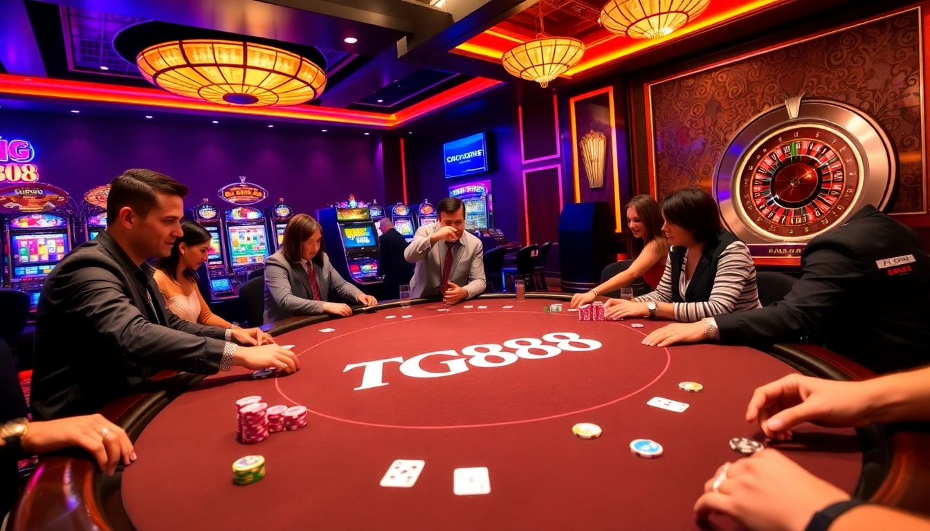 Engage in the thrilling atmosphere of TG88's vibrant casino scene with poker tables and slot machines.