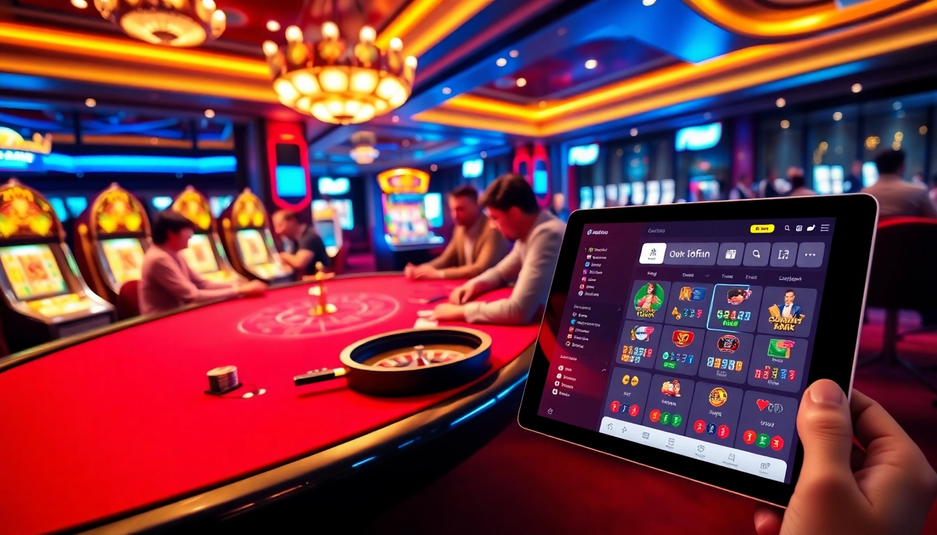 Experience excitement with the okfun app at a luxurious casino table surrounded by gaming action.