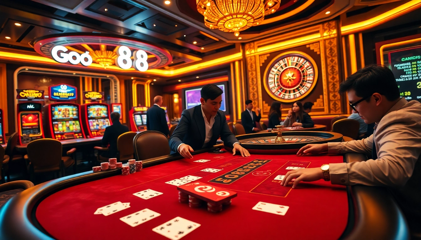 Players enjoying a thrilling Go 88 gaming experience at a luxurious casino table, surrounded by poker chips and playing cards.