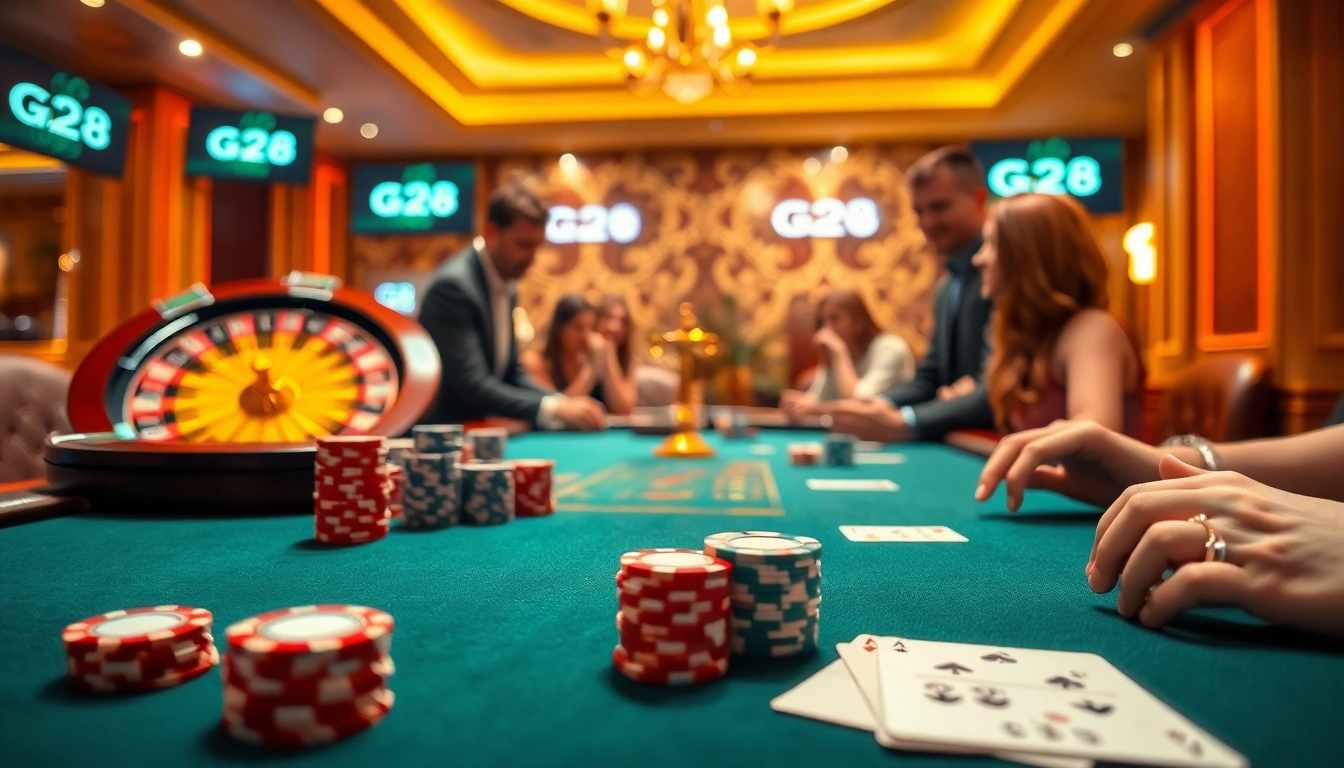 Players bet at a luxurious G28 online casino table, showcasing excitement and professional gameplay.