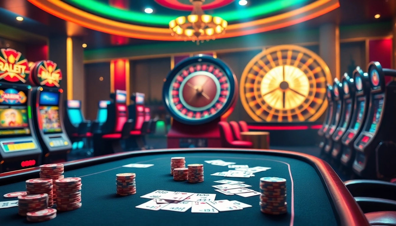 An exciting online gambling experience at https://8kbetbh.com/ featuring vibrant casino tables, slot machines, and roulette wheels.