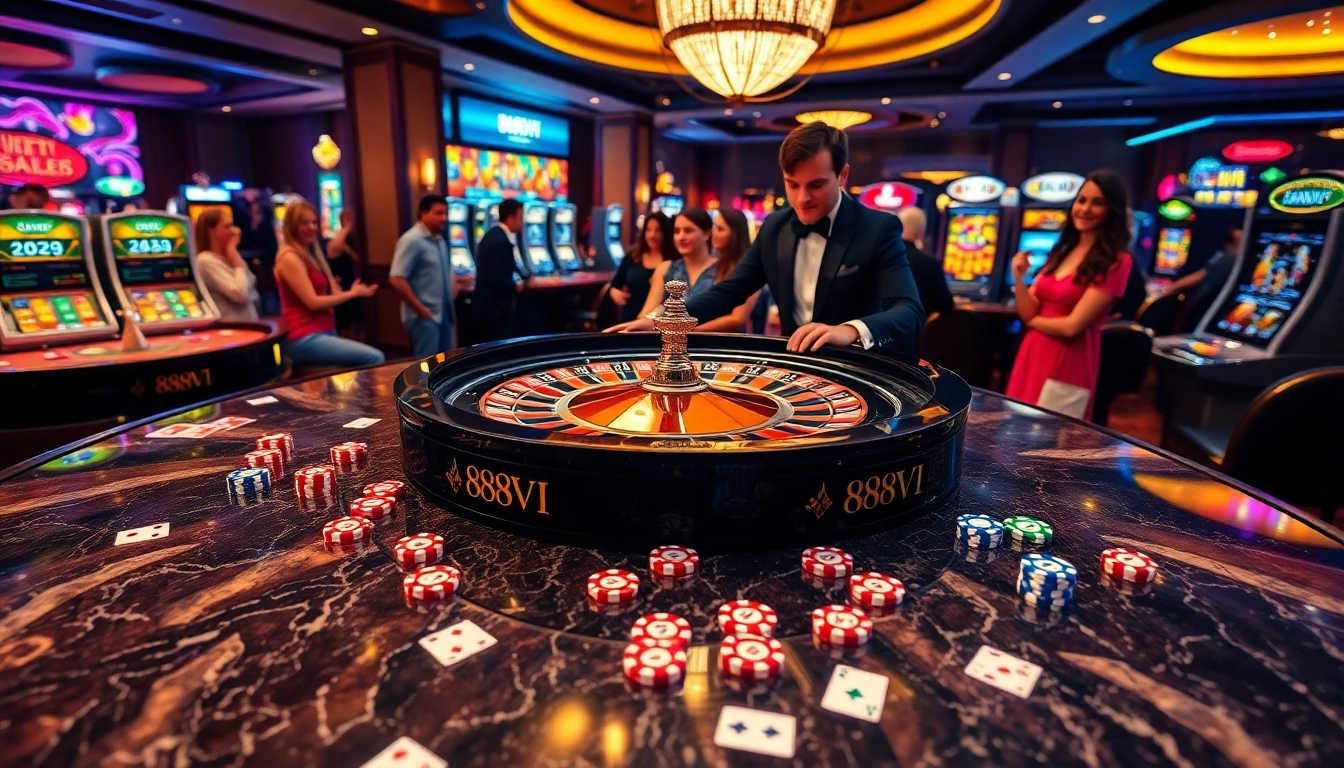 Experience the thrill of 888VI at a luxurious casino table with excited players and vibrant chips.