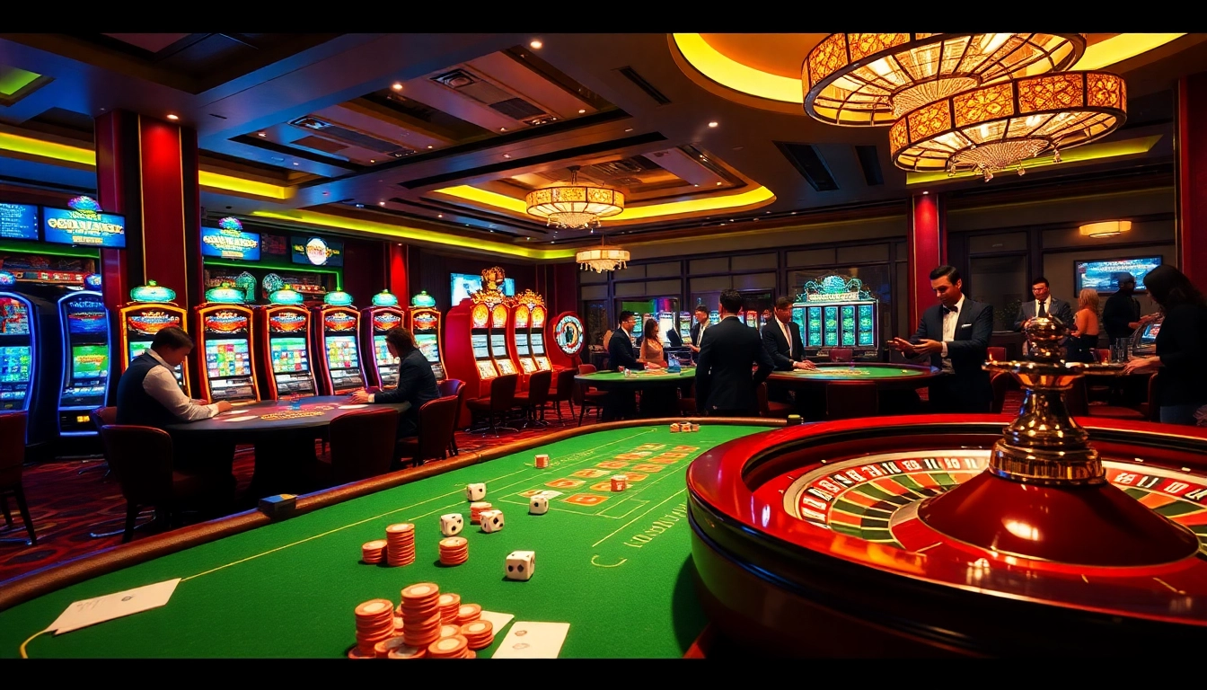 Excited players gambling at slot machines and poker tables at https://mint88.one/ in a luxurious casino setting.