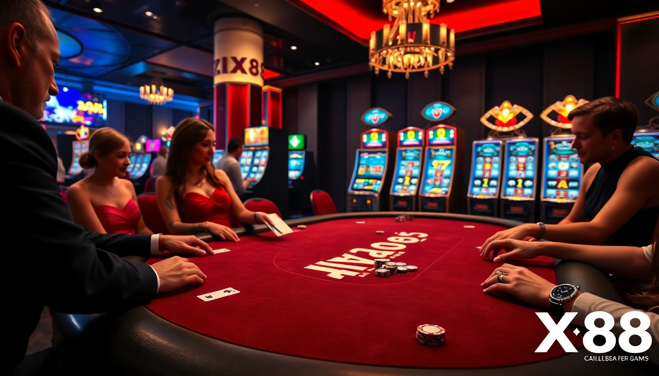 X88-themed casino poker table with elegant players and vibrant slot machines, showcasing excitement and luxury.
