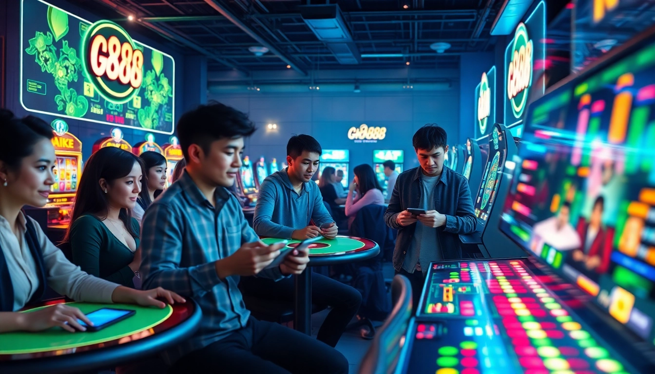 Cổng game Go88 with diverse players enjoying online gaming experiences, showcasing vibrant colors and modern technology.